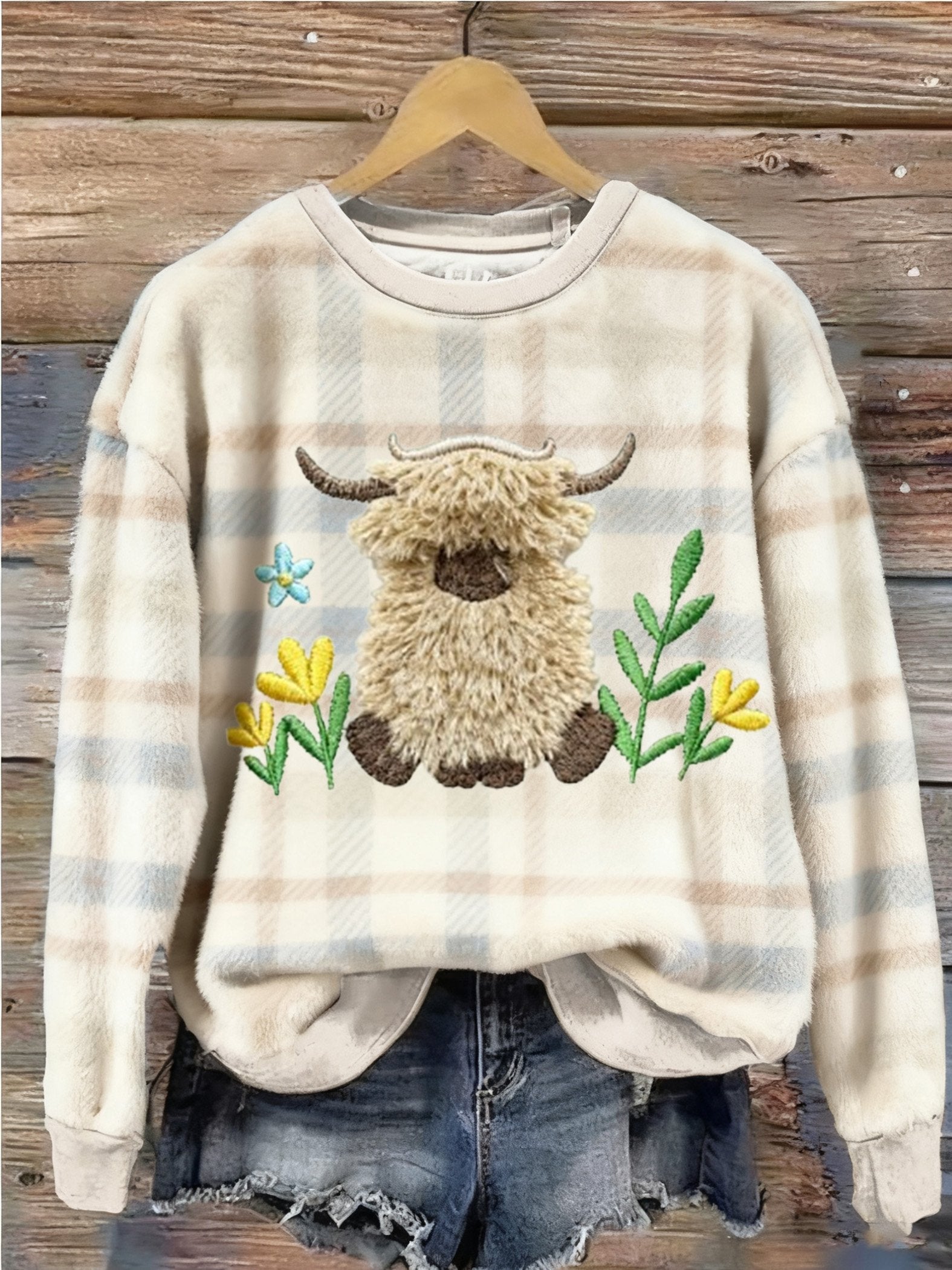 女士高地牛仔印花休閒法蘭絨上衣