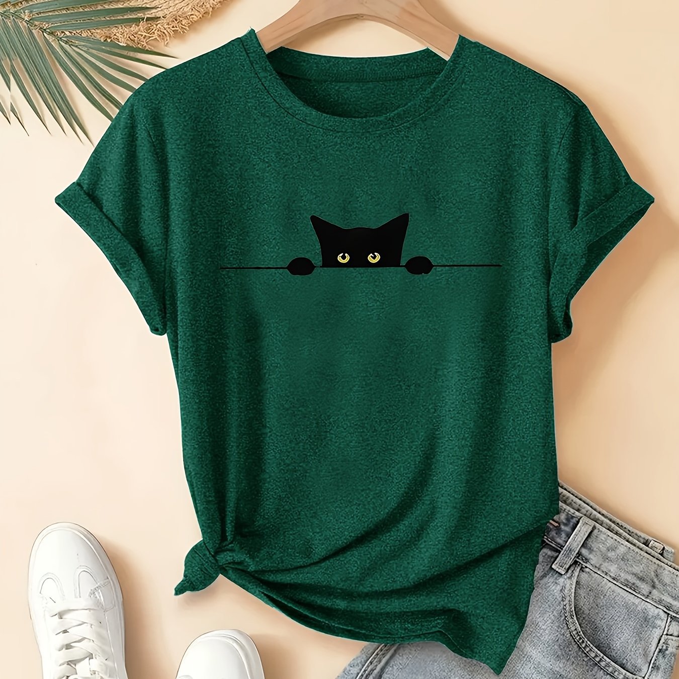 Black Cute Kitten Print Pattern Casual Round Neck Women's