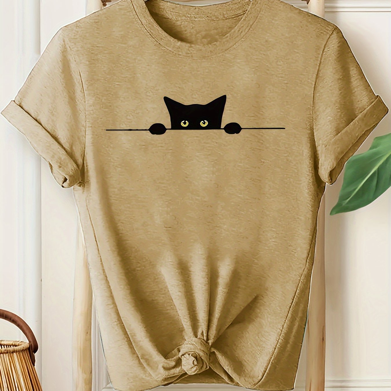 Black Cute Kitten Print Pattern Casual Round Neck Women's