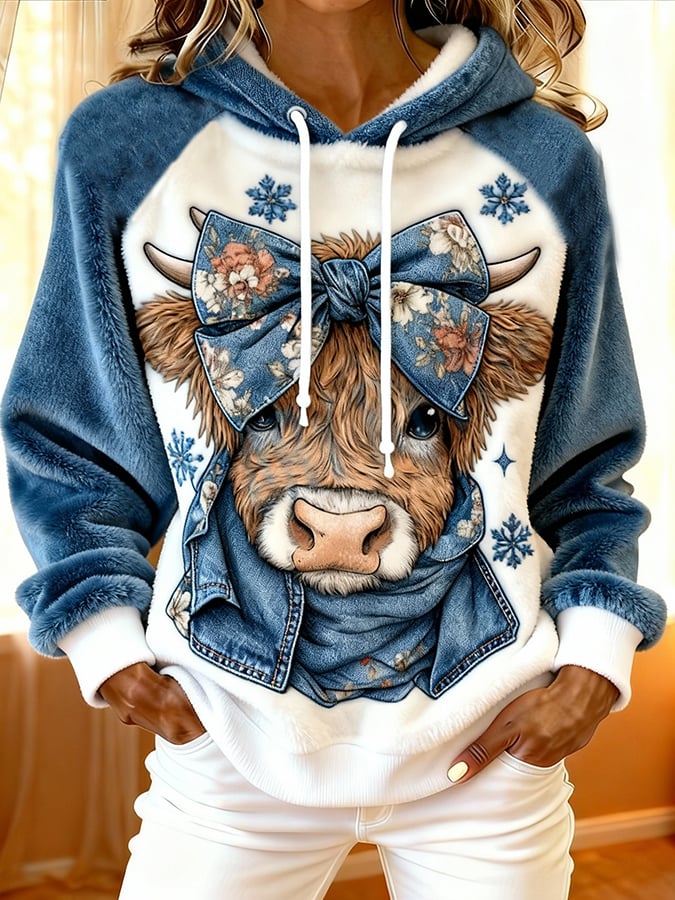 女士高地牛仔印花法蘭絨插肩袖連帽上衣