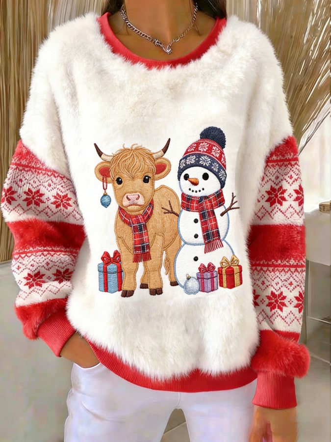 女士高地牛仔印花休閒法蘭絨上衣