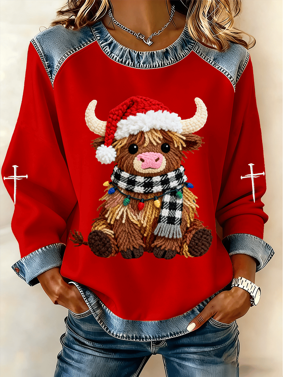 Women's Christmas Highland Cow Faith Print Fleece Sweatshirt