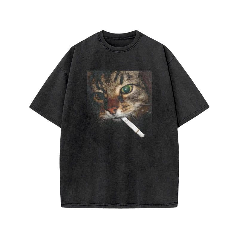 Unisex Cat With Cigarette In Mouth Print Acid Washed T-shirt