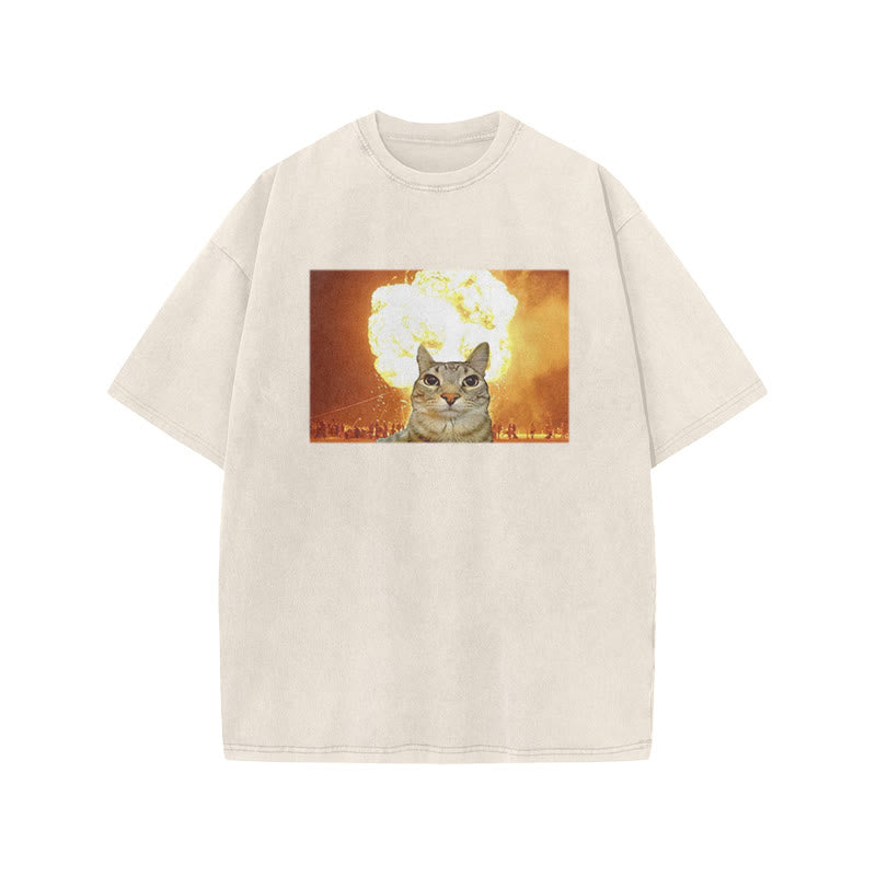 Unisex Funny Cat Print Acid Washed T-shirt