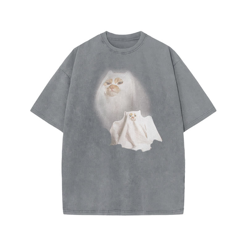 Unisex Cat Pretending To Be A Ghost Print Acid Washed T-shirt