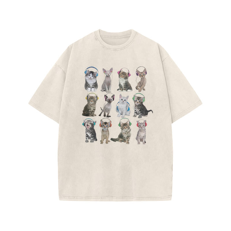 Unisex Cats Headphone Print Acid Washed T-shirt