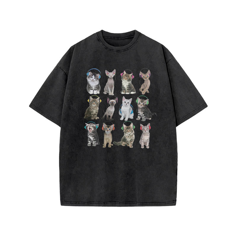 Unisex Cats Headphone Print Acid Washed T-shirt