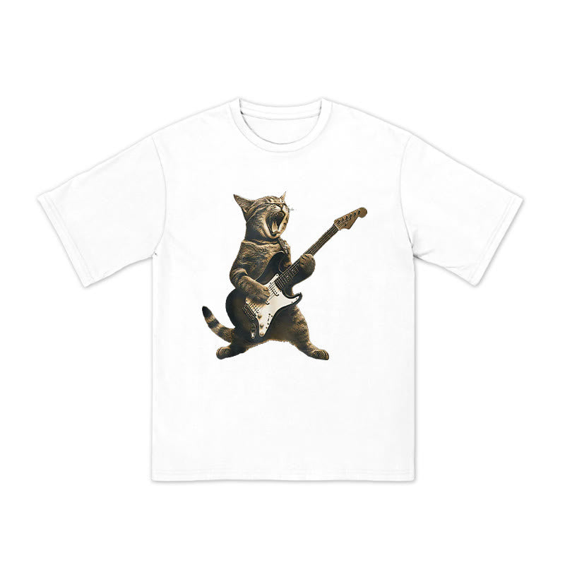 Unisex Rock Cat Playing Guitar Print T-shirt