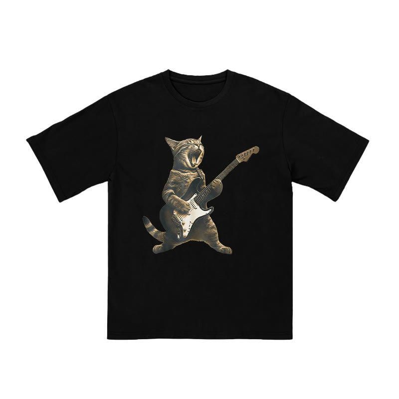 Unisex Rock Cat Playing Guitar Print T-shirt