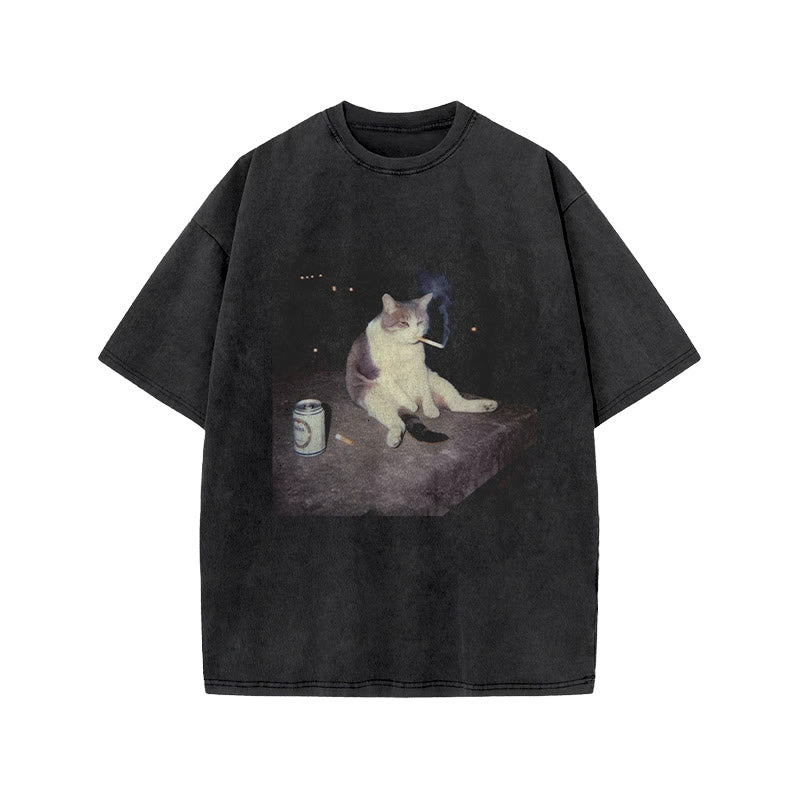 Unisex Smoking Decadent Cat Print Acid Washed T-shirt