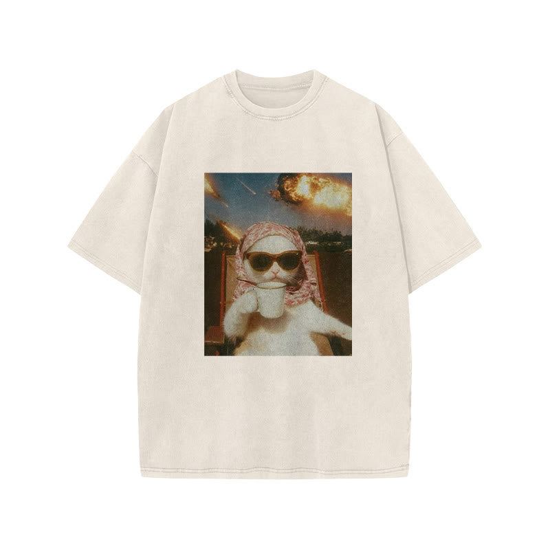 Unisex Just A Chill Cat Print Acid Washed T-shirt