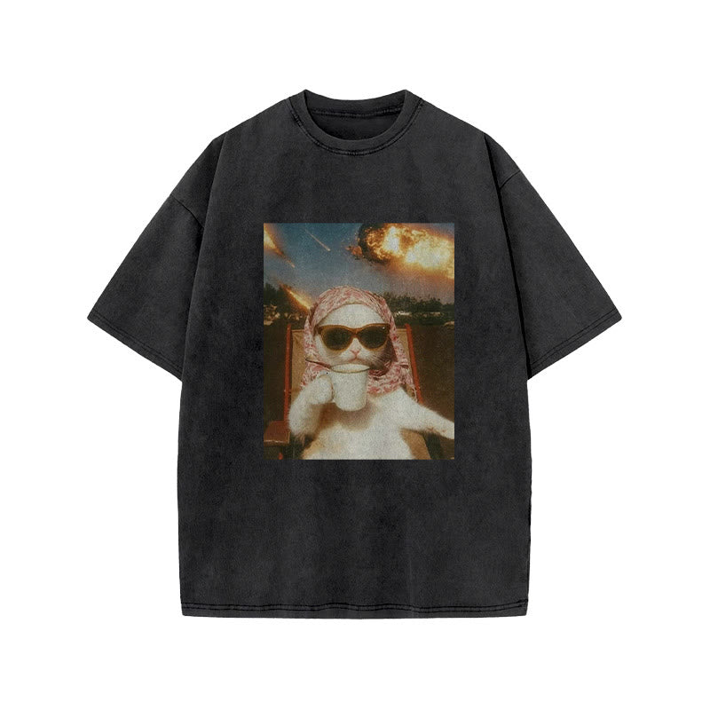 Unisex Just A Chill Cat Print Acid Washed T-shirt