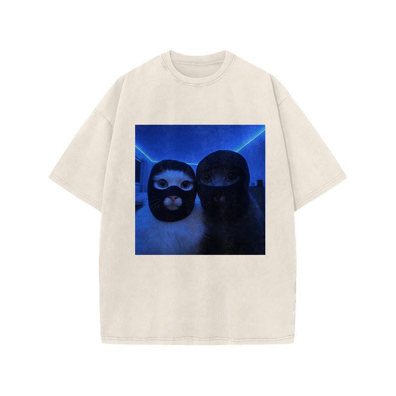 Unisex Cats Wearing Robber Mask Print Acid Washed T-shirt