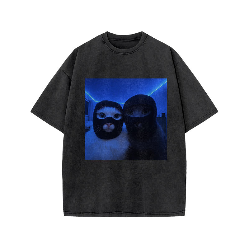 Unisex Cats Wearing Robber Mask Print Acid Washed T-shirt