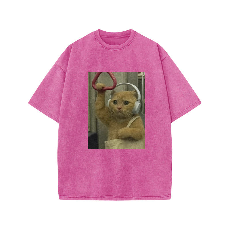 Unisex Cat Riding The Subway Print Acid Washed T-shirt