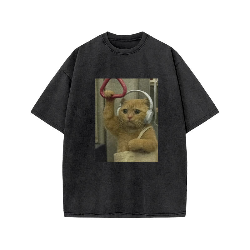 Unisex Cat Riding The Subway Print Acid Washed T-shirt