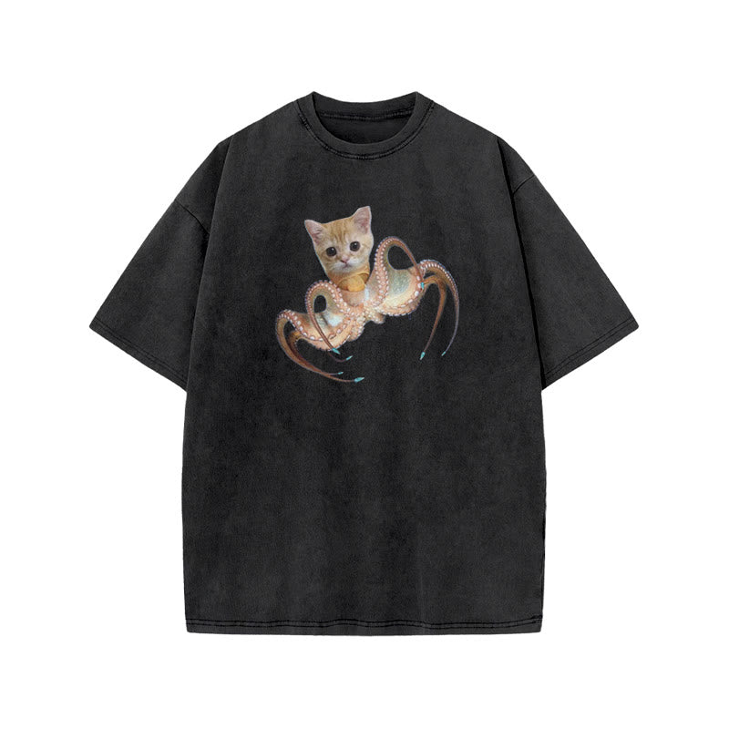 Unisex Cat Octopus Print Acid Washed T-shirt