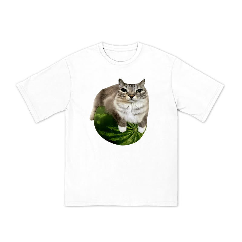 Unisex Cat Lying On Watermelon Print T-shirt