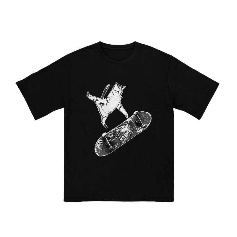 Unisex Skateboarding Cat Print T-shirt