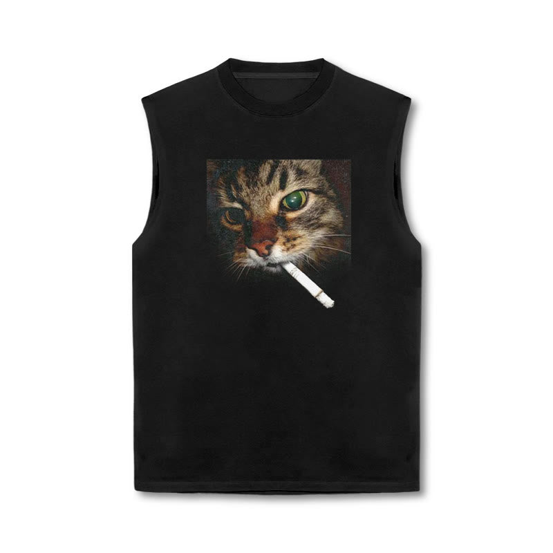 Unisex Cat With Cigarette In Mouth Print Tank Top