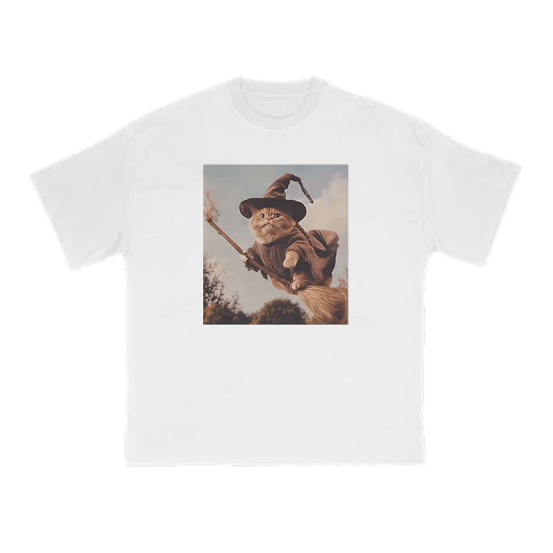 Unisex Cat Riding A Magic Broom Halloween Print T-shirt