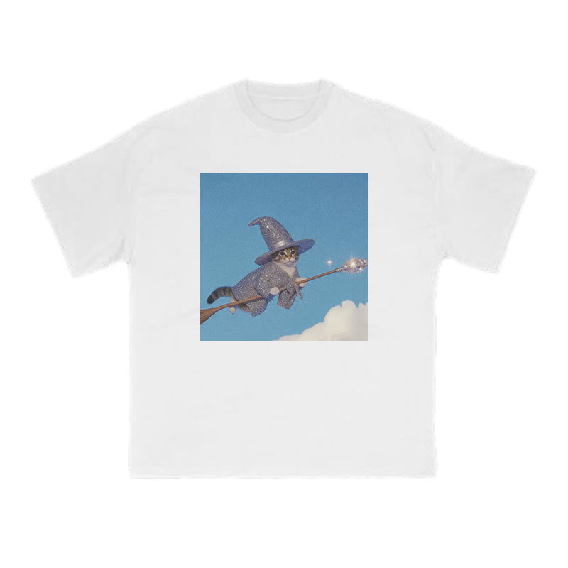 Unisex Cat Riding A Crystal Staff Print T-shirt
