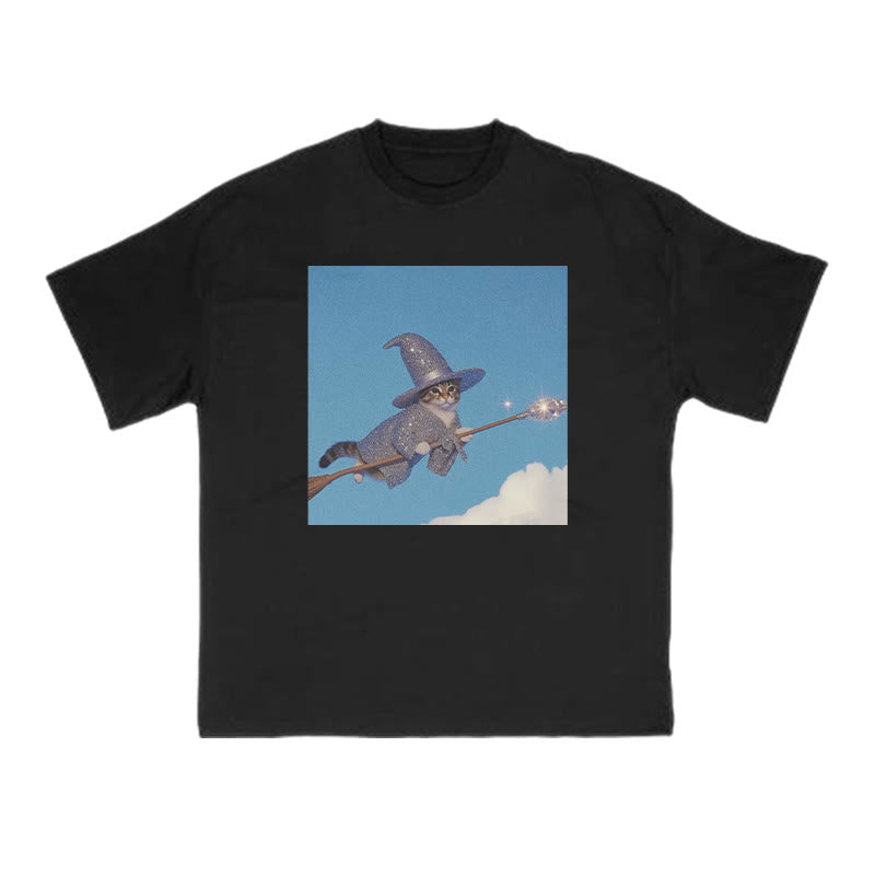 Unisex Cat Riding A Crystal Staff Print T-shirt