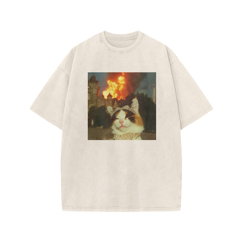 Unisex Pampered Noble Cat Print Acid Washed T-shirt