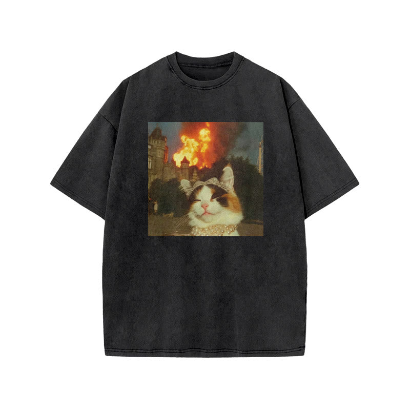 Unisex Pampered Noble Cat Print Acid Washed T-shirt