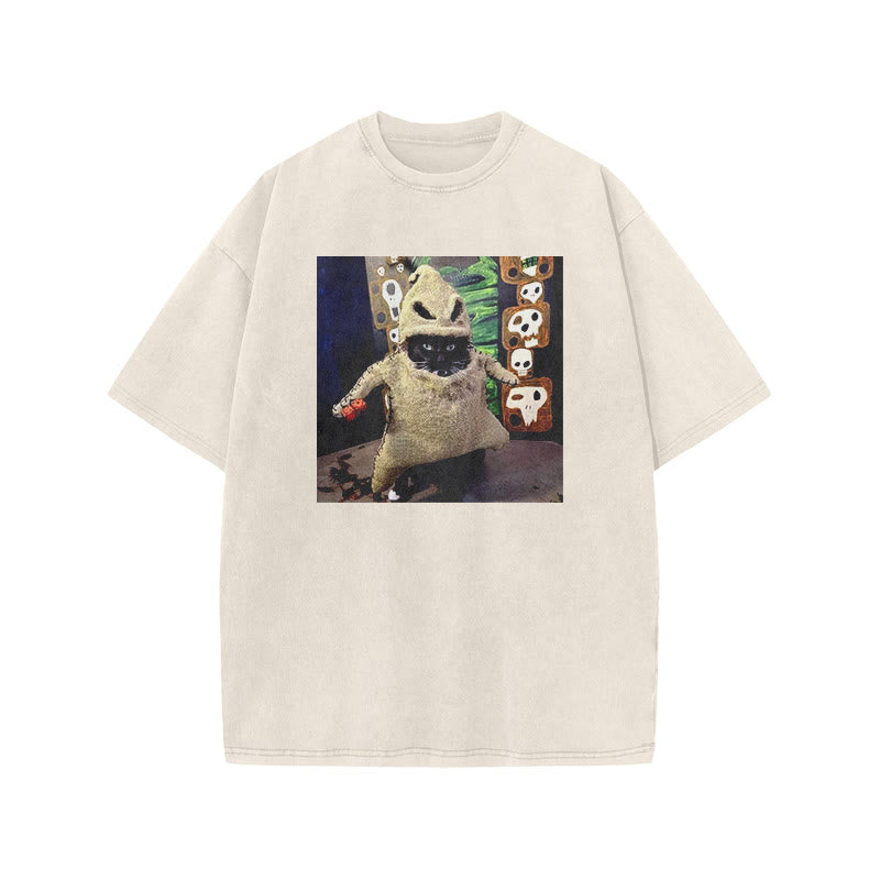 Unisex Cat Pretending To Be A Ghost Halloween Print Acid Washed T-shirt