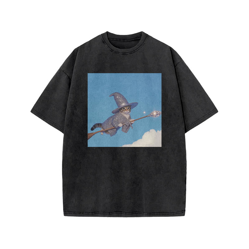 Unisex Cat Riding A Crystal Staff Print Acid Washed T-shirt