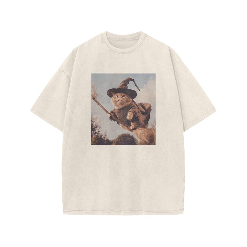 Unisex Cat Riding A Magic Broom Halloween Print Acid Washed T-shirt