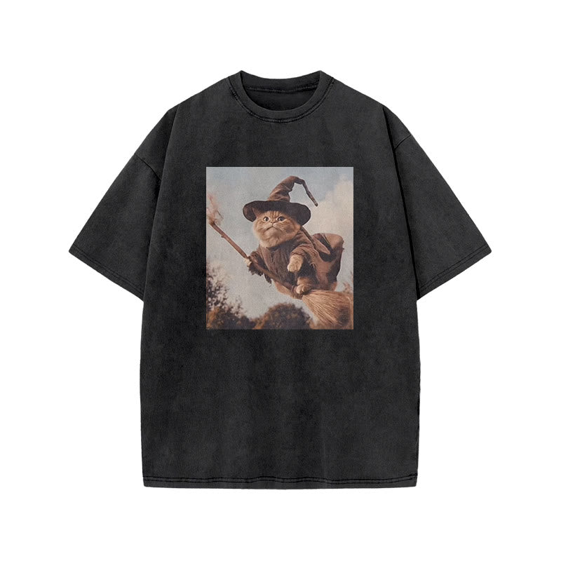 Unisex Cat Riding A Magic Broom Halloween Print Acid Washed T-shirt