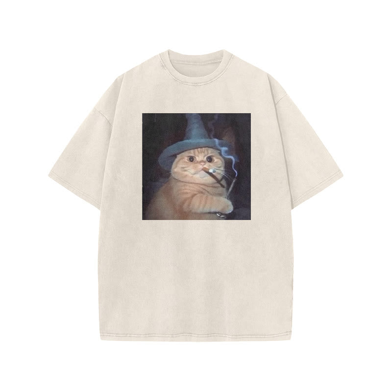 Unisex Smoking Wizard Cat Halloween Print Acid Washed T-shirt