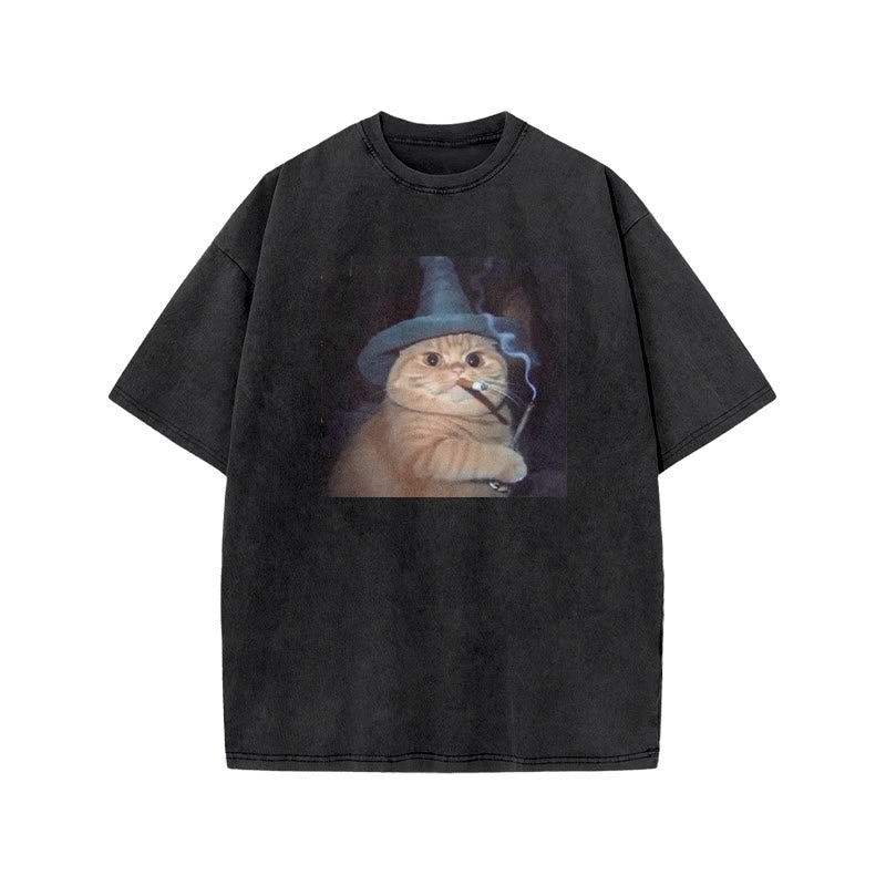 Unisex Smoking Wizard Cat Halloween Print Acid Washed T-shirt