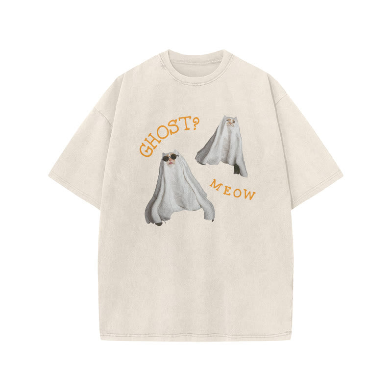 Unisex Ghost Meow Halloween Print Acid Washed T-shirt