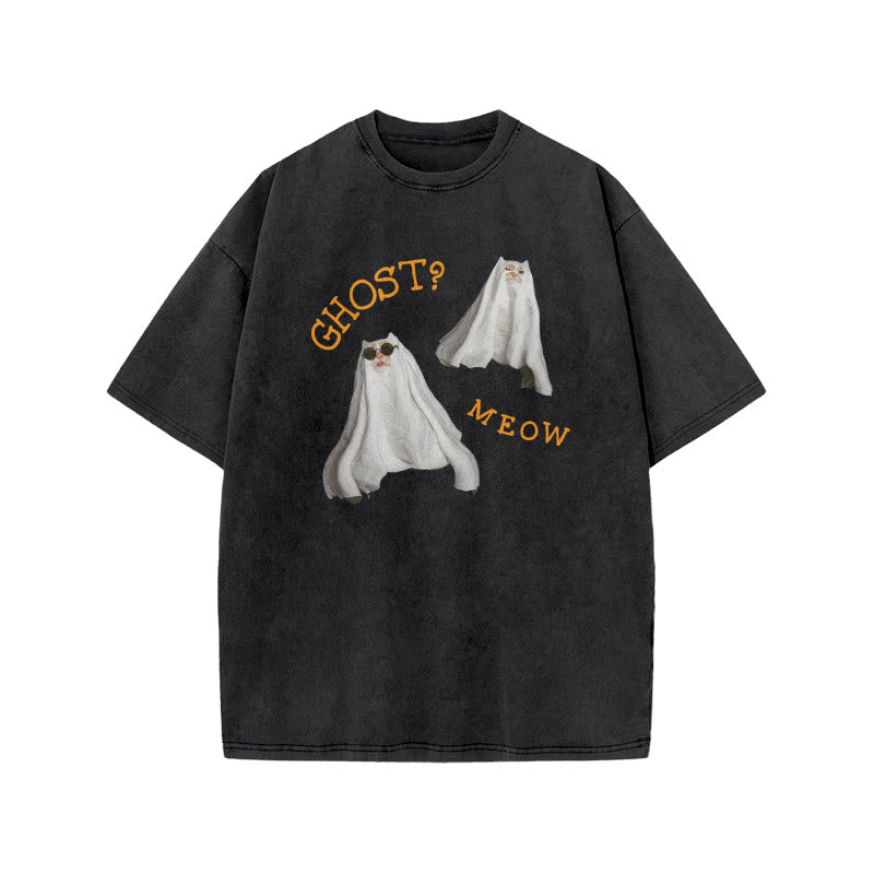 Unisex Ghost Meow Halloween Print Acid Washed T-shirt