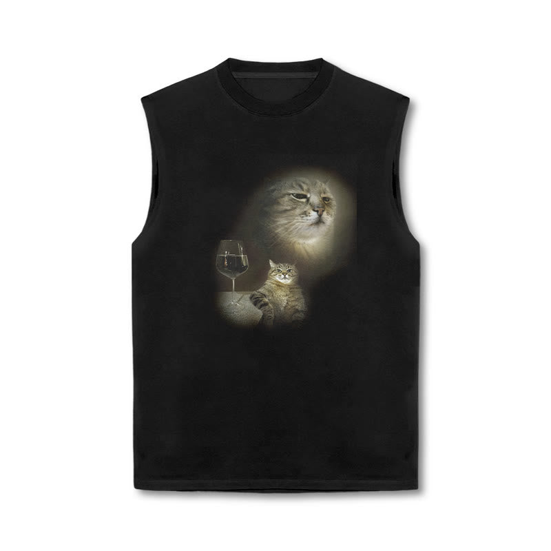 Unisex Cat And Wine Print Tank Top