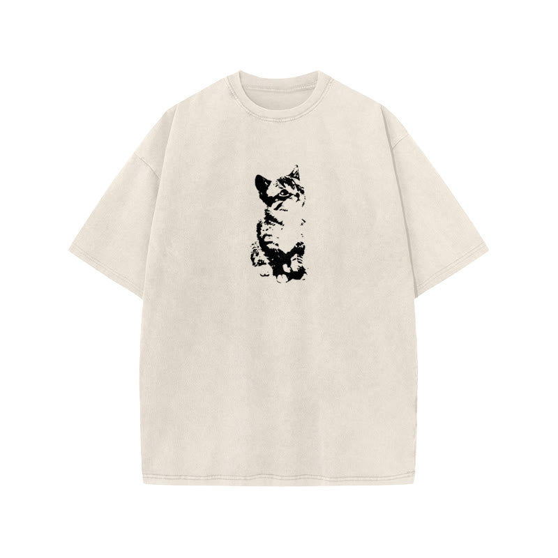 Unisex Cute Cat Print Acid Washed T-shirt