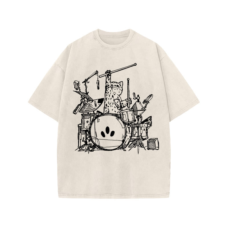 Unisex Rock Cat Print Acid Washed T-shirt