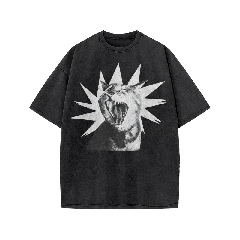 Unisex Shout Cat Print Acid Washed T-shirt