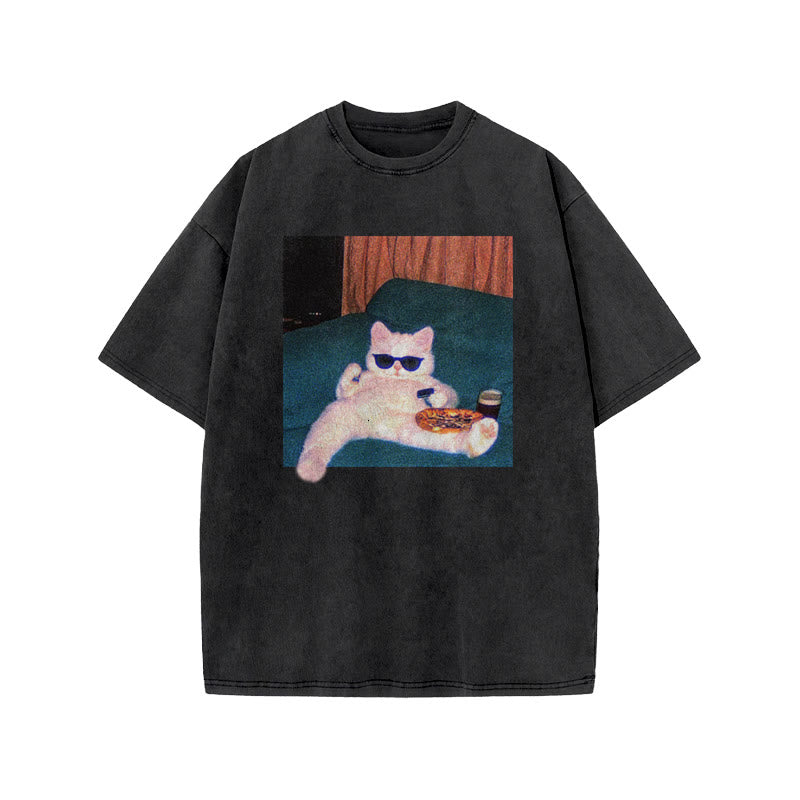 Unisex Cool Cat Print Acid Washed T-shirt