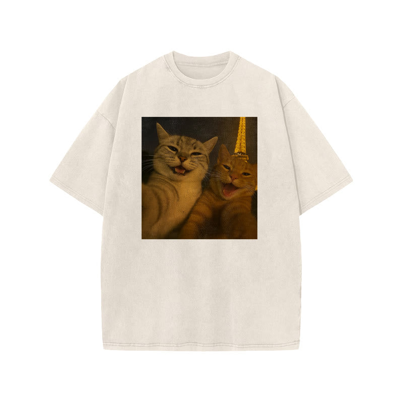 Unisex Selfie Cat Print Acid Washed T-shirt