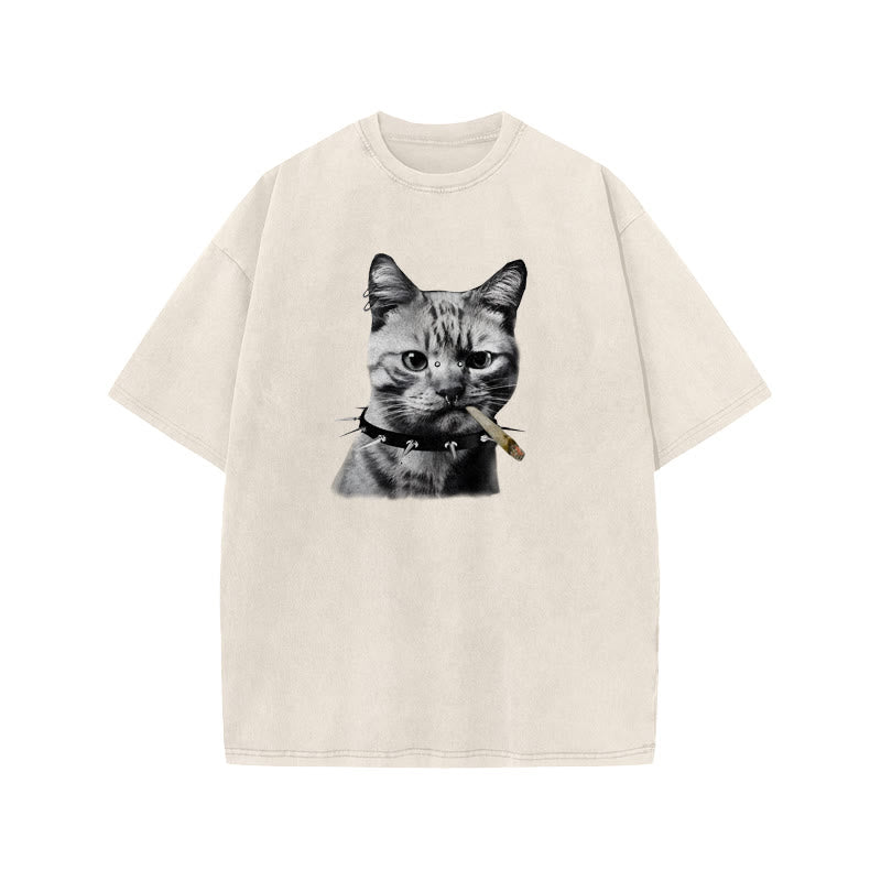 Unisex Provoking The Cat Print Acid Washed T-shirt