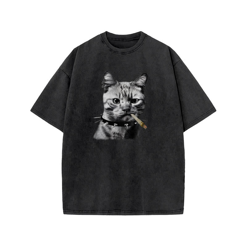 Unisex Provoking The Cat Print Acid Washed T-shirt