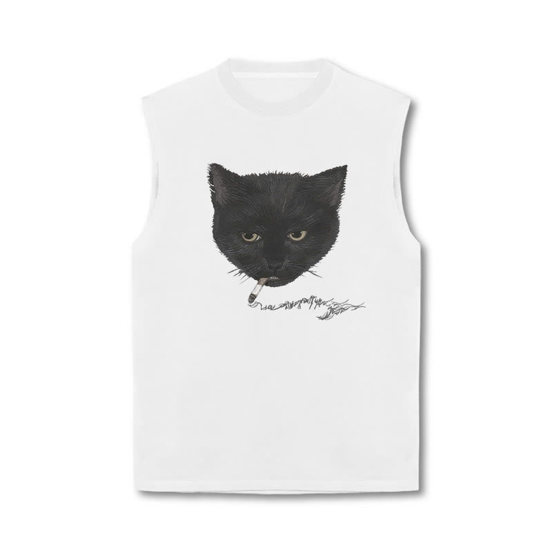 Unisex Smocking Cat Print Tank Top