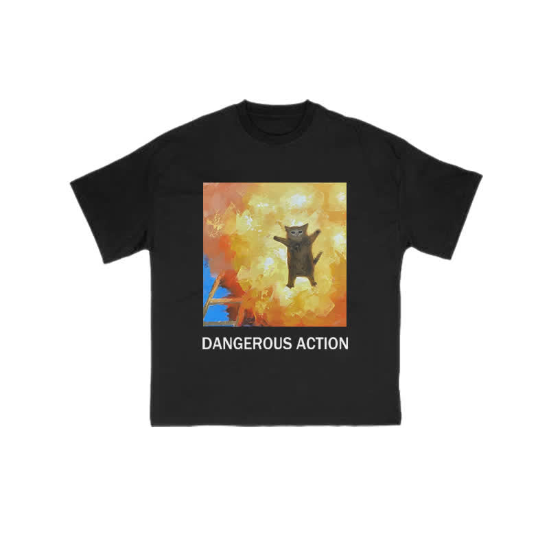 Unisex 100% Cotton Dangerous Action Cat Art Print T-shirt