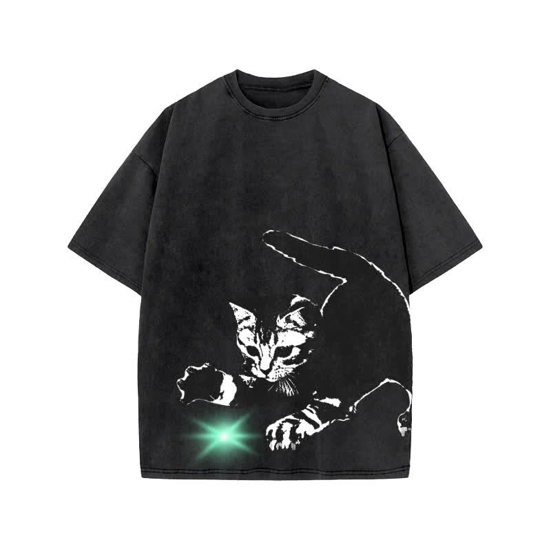 Unisex Playing Cat Art Print Acid Washed T-shirt