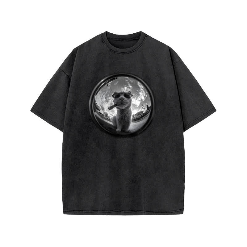 Unisex Interest Cat Art Print Acid Washed T-shirt