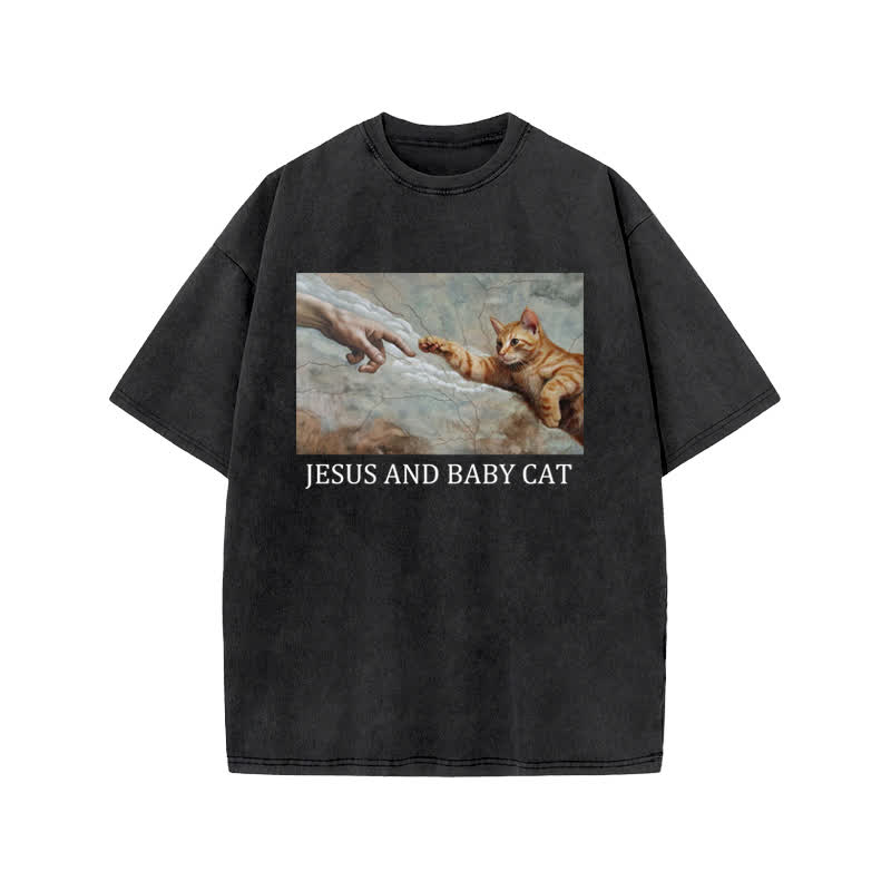 Unisex Jesus And Baby Cat Print Acid Washed T-shirt